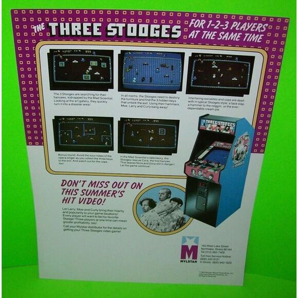 The Three Stooges Arcade FLYER Original 1984 Moe Larry Curly Game Art Print - Picture 3 of 6